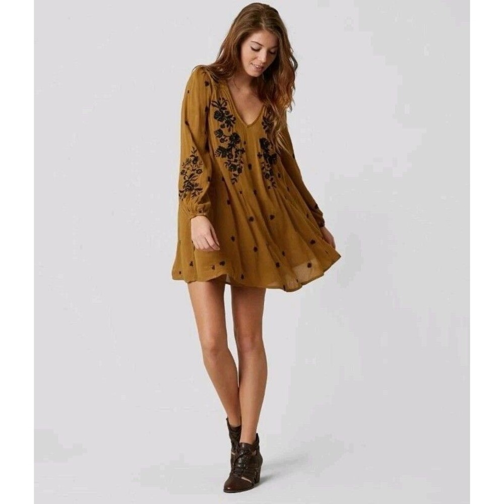 Free People XS Sweet Tennessee Embroidered Mini Dress Burnt Tunic Festival Rodeo